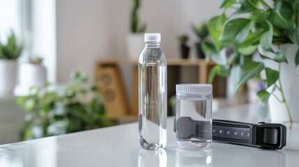 Water bottle, container, and black strap on a table with a blurred background.