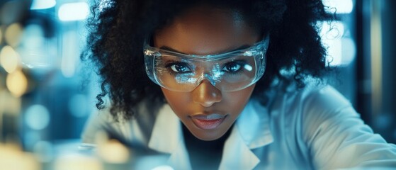 Black woman quality control inspector analyzing product quality with detailed focus and advanced tools in a high-tech inspection lab