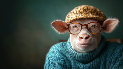 A cow wearing glasses and a knitted hat in a cozy setting