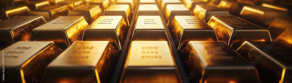 Poster close-up view of gold bars stacked neatly, showcasing their shiny surfaces and intricate detailing. 
