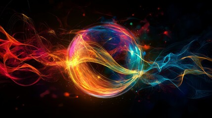 Fototapeta premium Electric waves merging into a glowing orb, representing sustainable energy, innovation, and the convergence of technology and nature.