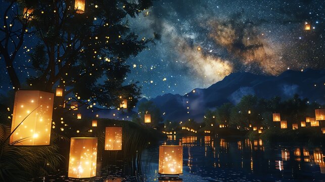A magical night scene with glowing lanterns floating in a lake and stars in the sky.