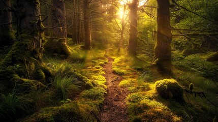 Obraz premium A dirt path winds through a mossy forest in the sunlight.