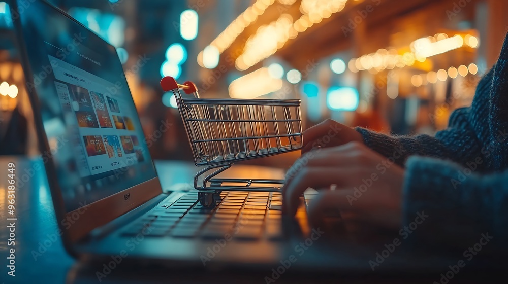 Poster man use labtop with online shopping digital cart with credit card for shopping payment online with a