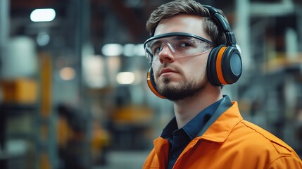Hearing protection A factory worker puts on noisecancelling earmuffs Work safety theme : Generative AI