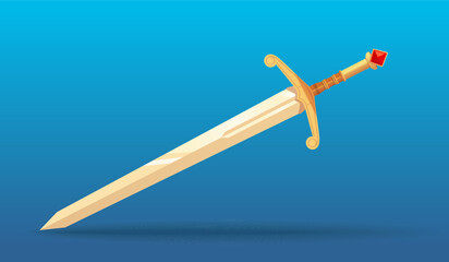Large knightly sword with richly decorated gold hilt adorned with ruby. Vector illustration