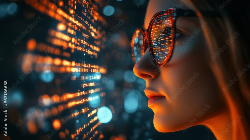 Poster Computer code hologram and woman thinking of data analytics information technology or software overlay at night Laptop solution and IT people with algorithm statistics and cybersecurit : Generative AI