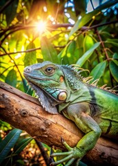 Fototapeta premium Green Iguana on Tree Branch in Sunlight, Reptile Wildlife Photography
