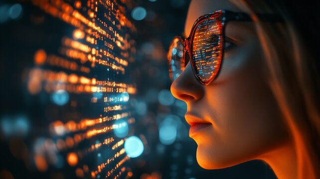 Computer code hologram and woman thinking of data analytics information technology or software overlay at night Laptop solution and IT people with algorithm statistics and cybersecurit : Generative AI