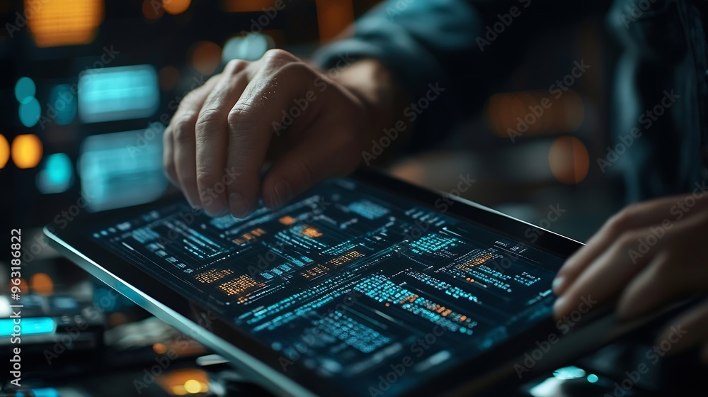 Fototapete Software development IoT internet of Things Internet network technology concept Man coding programmer software developer working on digital tablet with binary html computer code on vir : Generative AI