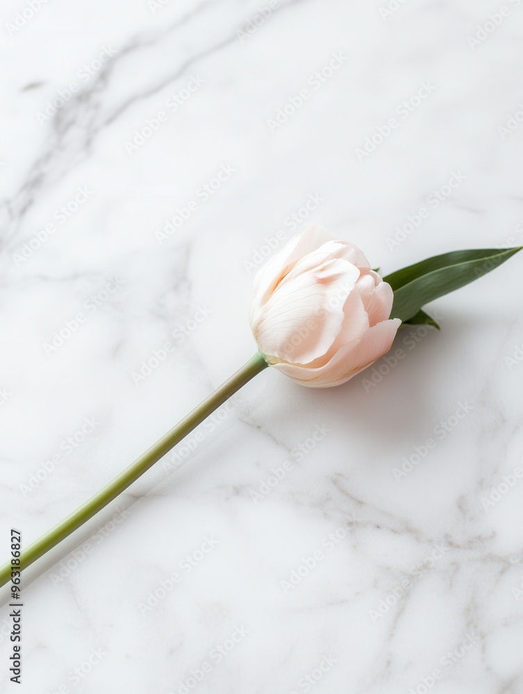 Wall mural A single pale pink tulip lies gracefully on a white marble countertop, creating a calm and elegant atmosphere. Generative AI