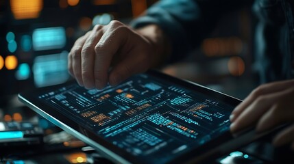 Software development IoT internet of Things Internet network technology concept Man coding programmer software developer working on digital tablet with binary html computer code on vir : Generative AI