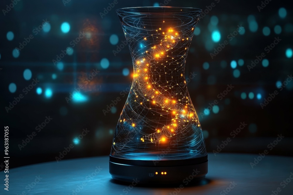 Poster a 3d render of a glowing genetic modification device with complex patterns radiating from the core, 