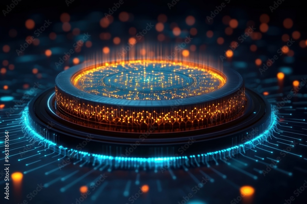 Poster a 3d render of a glowing genetic modification device with complex patterns radiating from the core, 