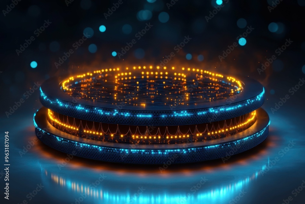 Poster a 3d render of a glowing genetic modification device with complex patterns radiating from the core, 