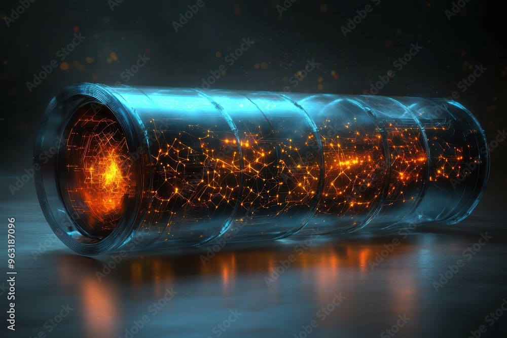 Poster a 3d render of a glowing genetic modification device with complex patterns radiating from the core, 