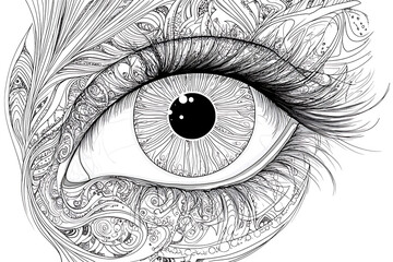 Obraz premium Antistress colouring page. Magic eye with feathers instead of eyelashes. Mandala style. Isolated on white. For child coloring book, tattoo design