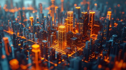 Obraz premium Futuristic Urban Cityscape with illuminated skyscrapers and advanced technology designs