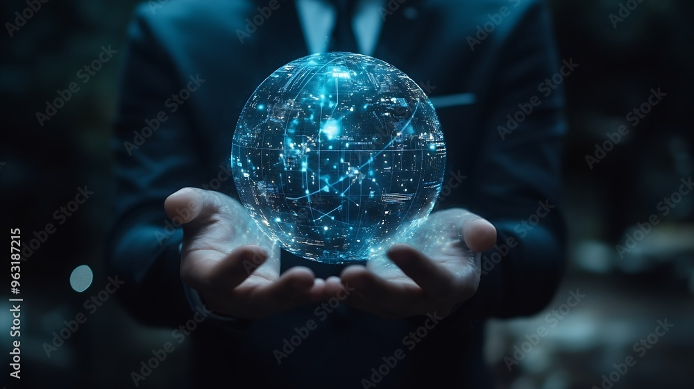 Poster Businessman presenting futuristic business world metaverse graphic In the form of innovation in digital business processing technology innovation of the 21st century : Generative AI