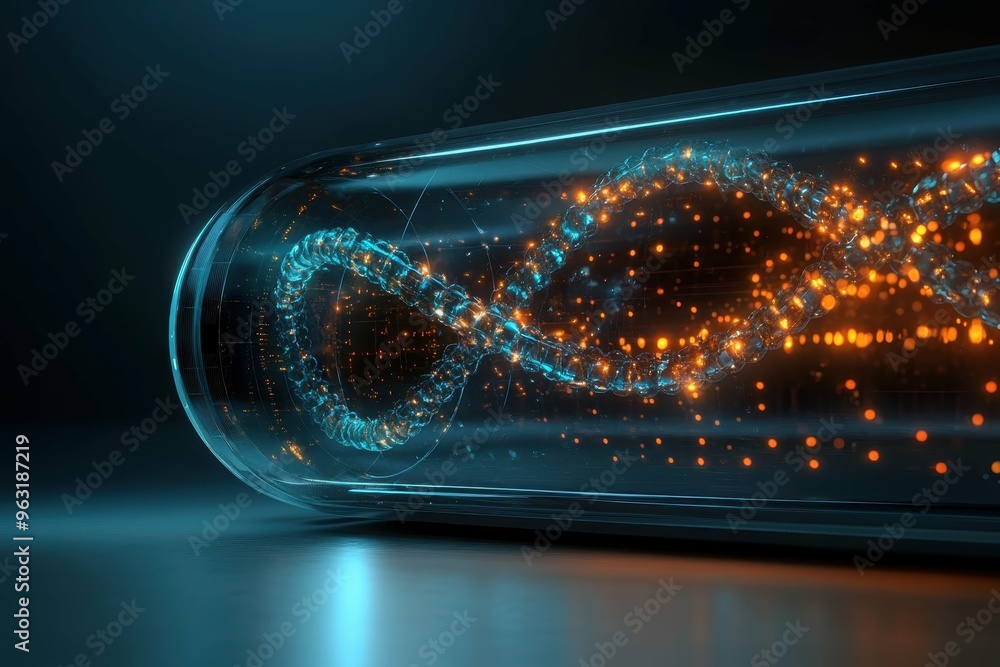 Poster a futuristic device containing a floating dna strand within a transparent casing, symbolizing geneti
