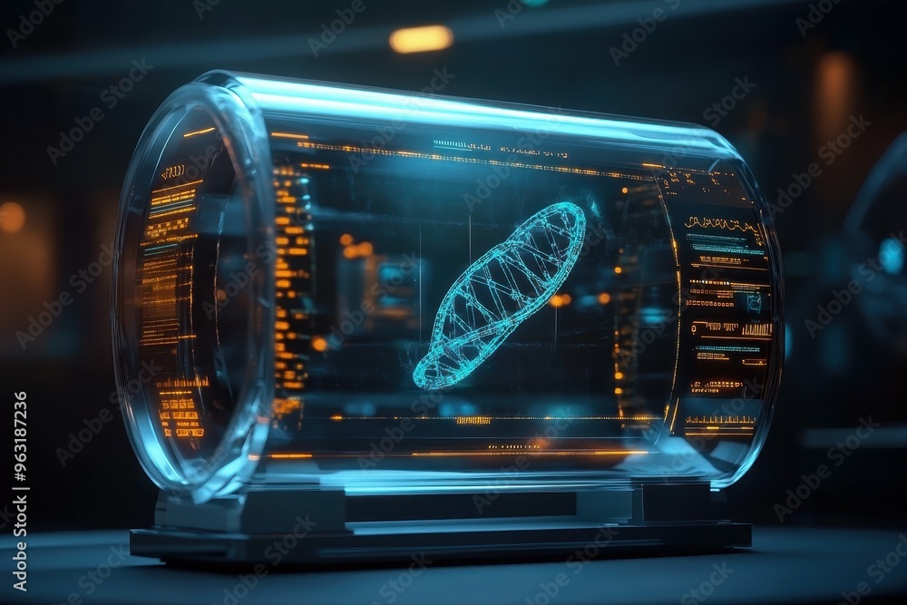 Poster a futuristic device containing a floating dna strand within a transparent casing, symbolizing geneti