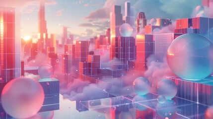 A captivating futuristic cityscape showcases colorful spheres and captivating reflections