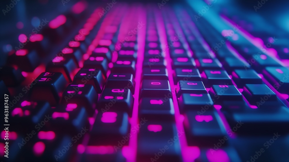 Aufkleber Working on a neon computer keyboard with colored backlighting Selected focus Computer video games hacking technology internet concept Selected focus : Generative AI