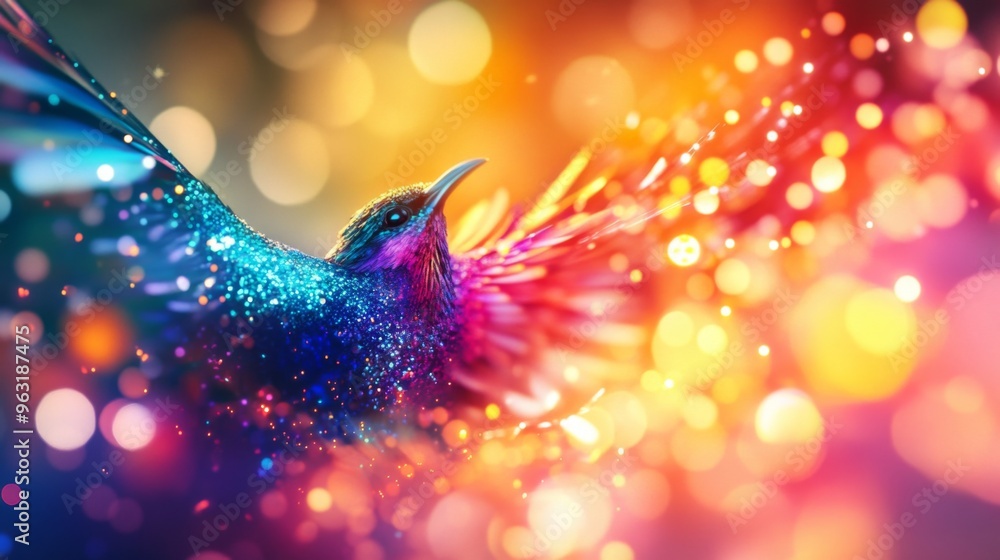 Poster High-definition shot of a bird with bright, iridescent feathers, set against a backdrop of abstract, multicolored lights for a dynamic and eye-catching composition