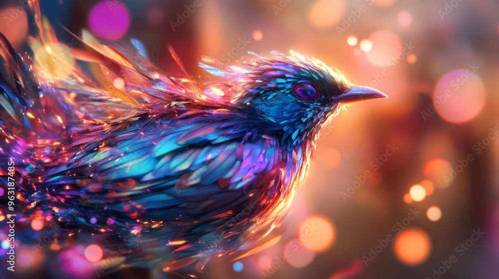 Poster High-definition shot of a bird with bright, iridescent feathers, set against a backdrop of abstract, multicolored lights for a dynamic and eye-catching composition