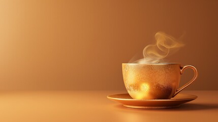 Gold cup with steaming fresh coffee on a golden background with copy space
