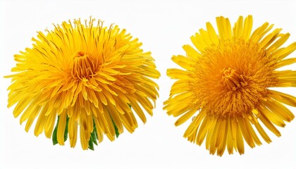 Vibrant Yellow Dandelion Flowers in Full Bloom, Isolated on White"