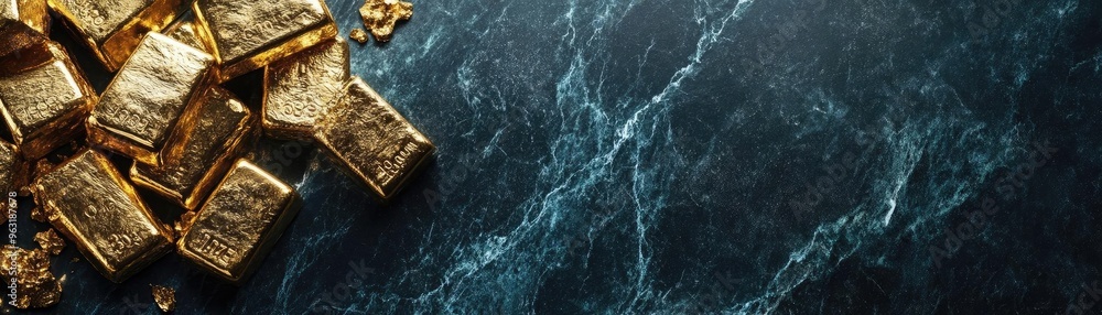 Poster shiny gold bars on a dark marble surface create an elegant and luxurious background for financial or