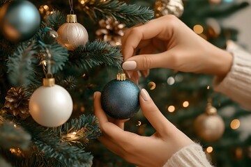 A close-up of hands carefully placing a shiny ornament on a beautifully decorated Christmas tree. The festive atmosphere is enhanced by the warm lights and elegant baubles, creating a cozy holiday moo
