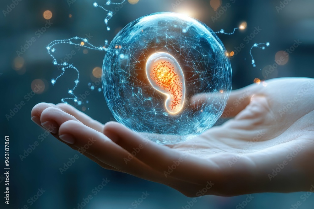 Poster a hologram of an embryo in a hand with genetic strands floating around it, representing manipulation