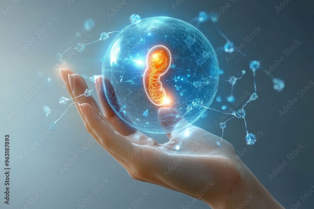 Poster a hologram of an embryo in a hand with genetic strands floating around it, representing manipulation