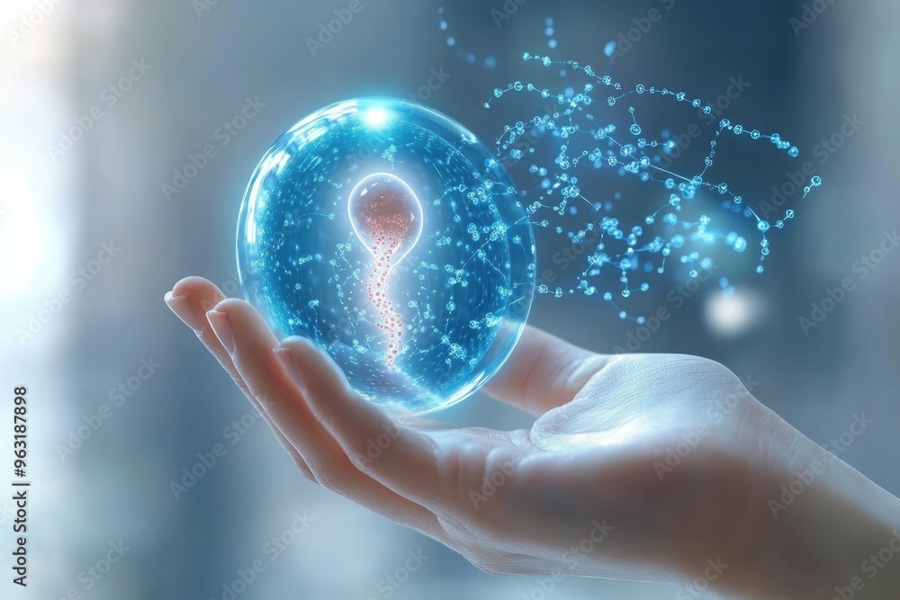 Poster a hologram of an embryo in a hand with genetic strands floating around it, representing manipulation