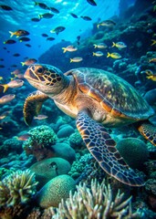 Fototapeta premium Sea Turtle Surrounded by Tropical Fish in Coral Reef, Marine Photography