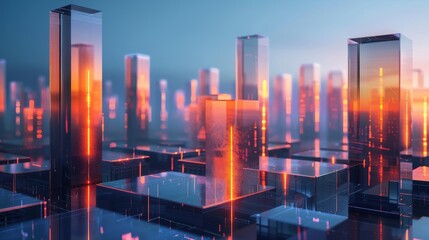 A futuristic urban landscape with vibrant glowing glass structures that captivate and provoke