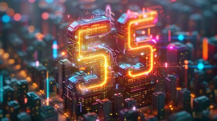 A stunning futuristic cityscape illuminated with vibrant neon glow featuring the number 55