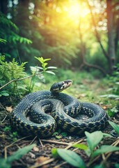 Fototapeta premium Snake Coiled on Forest Path in Sunlight, Wildlife Photography