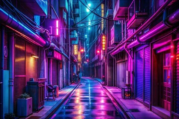 Fototapeta premium Vibrant neon alleyway at night showing urban cityscape with reflections and colors