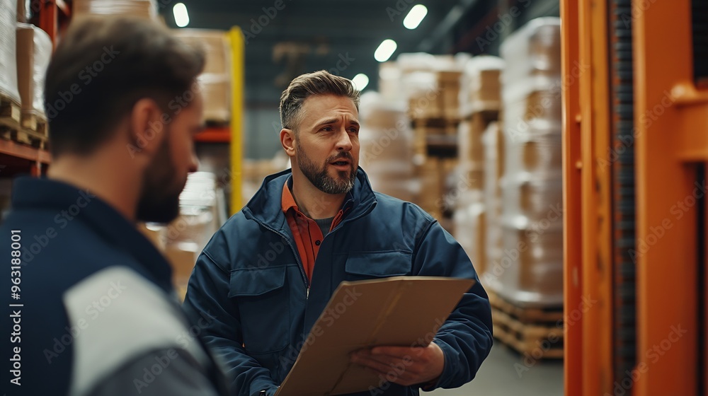 Leinwandbilder forklift driver talking with manager in modern industrial factory warehouseman reading order order p
