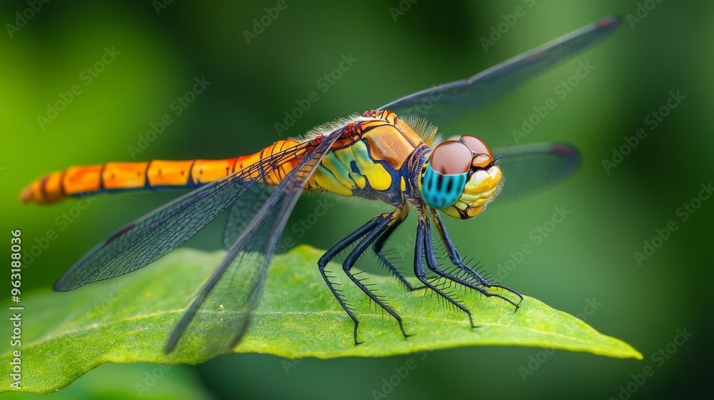 Poster high-definition shot of a dragonfly resting on a leaf, with a focus on its intricate wing patterns a