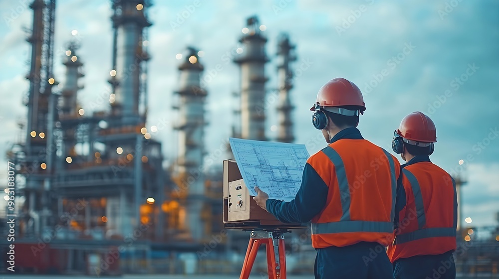 Aufkleber engineer survey team wear uniform and helmet stand workplace checking blueprint project radio commun