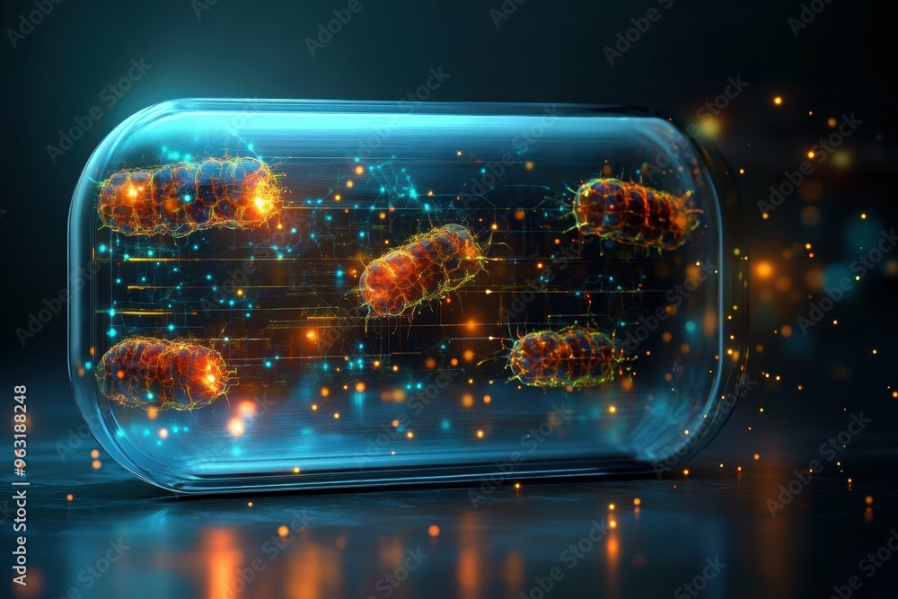 Poster a transparent container holding genetically engineered organisms floating in liquid with glowing pat