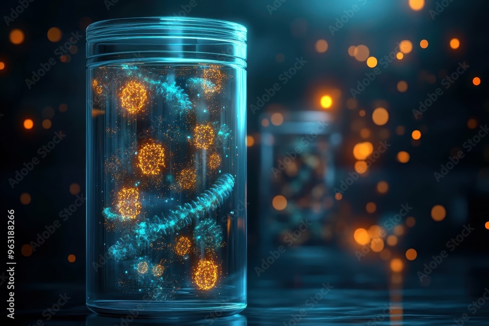 Poster a transparent container holding genetically engineered organisms floating in liquid with glowing pat