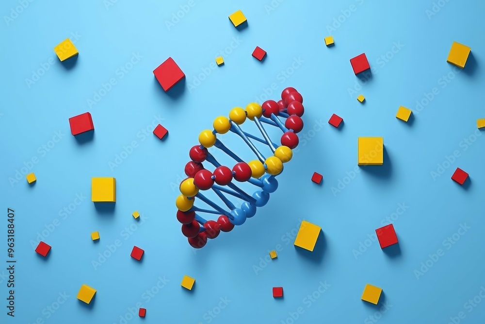 Poster abstract dna structures surrounded by geometric shapes symbolizing the manipulation of genes in a mi