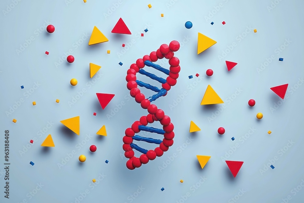 Poster abstract dna structures surrounded by geometric shapes symbolizing the manipulation of genes in a mi