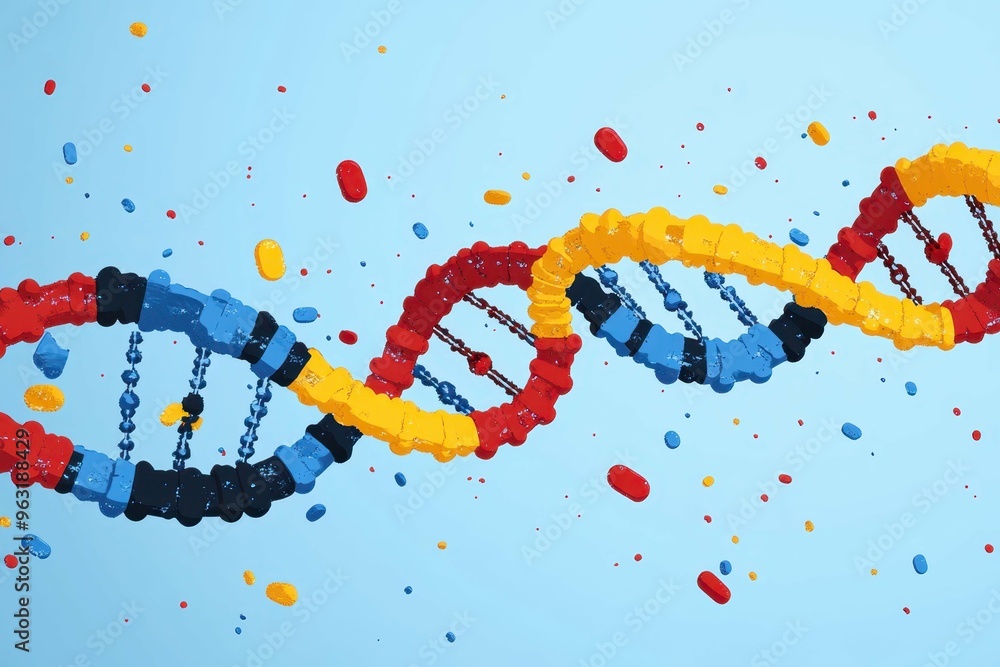 Poster abstract double helix designs interwoven with digital modifications visualizing gene manipulation in