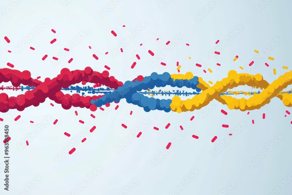 Poster abstract human chromosomes with bright colorful lines extending from them symbolizing engineered gen